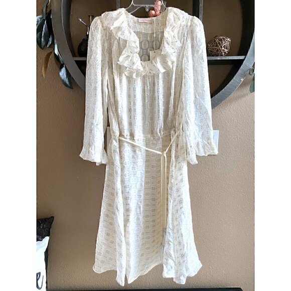 Tory Burch Jasmine Metallic Ruffle Dress 2 Piece with Slip size 2 Ivory & Gold - Picture 1 of 10